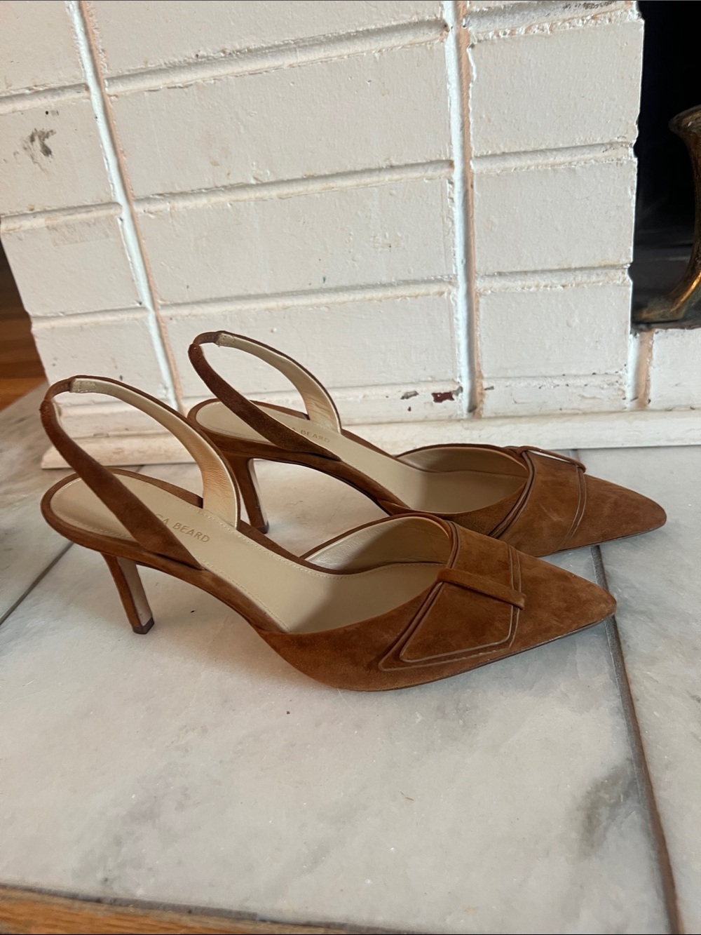 Veronica Beard Tan Suede Pointed-Toe Slingback Heels with Bow Accent - Picture 2 of 3